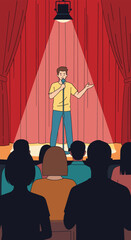 A stand up comedian delivers a hilarious performance on stage to an appreciative audience under a spotlight