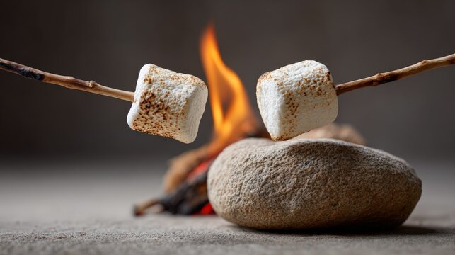 Two marshmallows roasting on sticks above a small campfire, surrounded by rocks in the foreground, creating a warm and inviting camping atmosphere perfect for summer adventures - Powered by Adobe