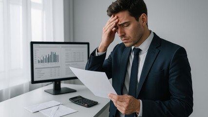A young Caucasian man in a suit looks stressed while holding a document. He stands in an office with a computer displaying graphs and a calculator on the desk.