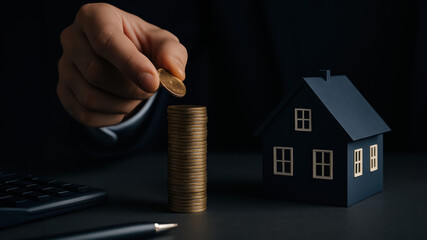 A hand placing a coin on a stack of coins next to a small blue house model. A calculator and pen are visible on the table, symbolizing financial planning.
