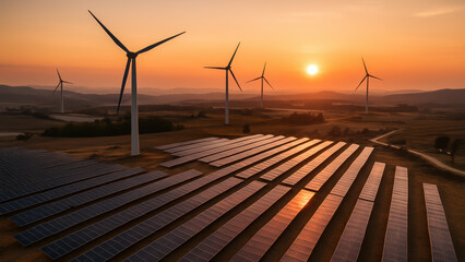 Wind turbines and solar panels in a sunset landscape. Renewable energy sources in a rural area. Clean technology and sustainable development concept.