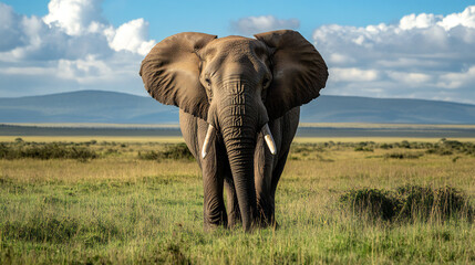 Fototapeta premium Majestic African Elephant Strolling Through the Savannah in Tanzania