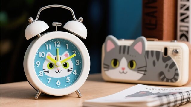 Cute Cat-Themed Alarm Clocks on a Wooden Desk
