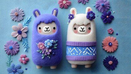 Cute felt alpaca dolls in colorful sweaters with flower decorations
