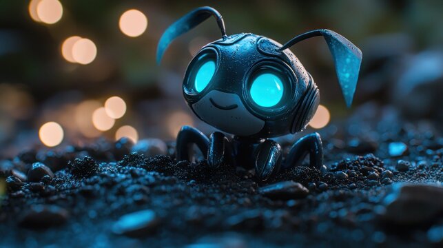 Charming futuristic robot ant with glowing blue eyes explores a rocky landscape