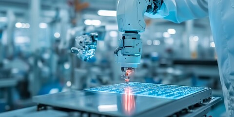 Automation engineer holding a scanner in an industrial factory, demonstrating technological advancements in manufacturing processes, Generative AI