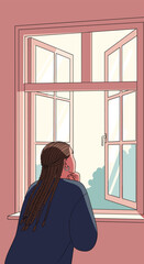 A person gazes thoughtfully out of an open window at the soft morning light filtering through trees creating a peaceful atmosphere and a sense of calm contemplation