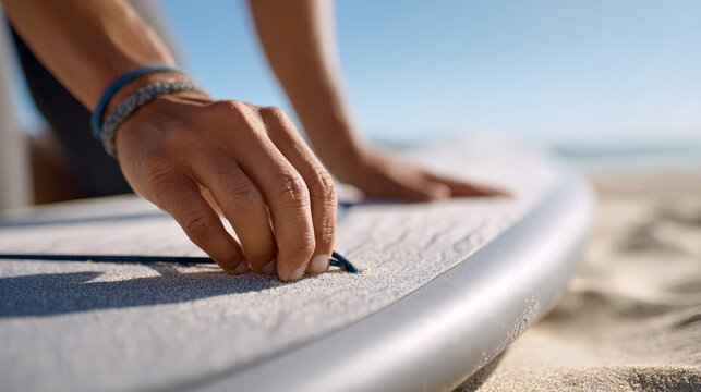 Close up of surfer's hands meticulously securing the leash to their paddle board on a sun kissed beach, embodying the essence of watersports preparation and anticipation - Powered by Adobe