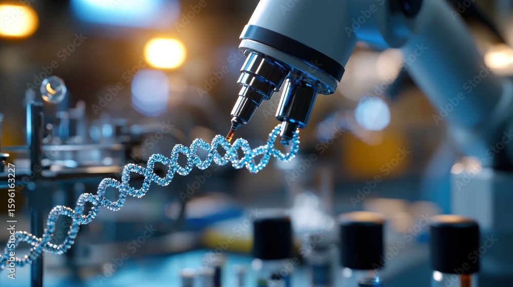 Poster robotic arm analyzing a dna strand in a futuristic laboratory setting