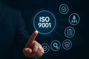 Fototapeta premium Businessman interacting with digital screen displaying ISO 9001 Quality Management System, ISO 9001 certified businesses, ISO certification, quality management system, digital compliance interface, 