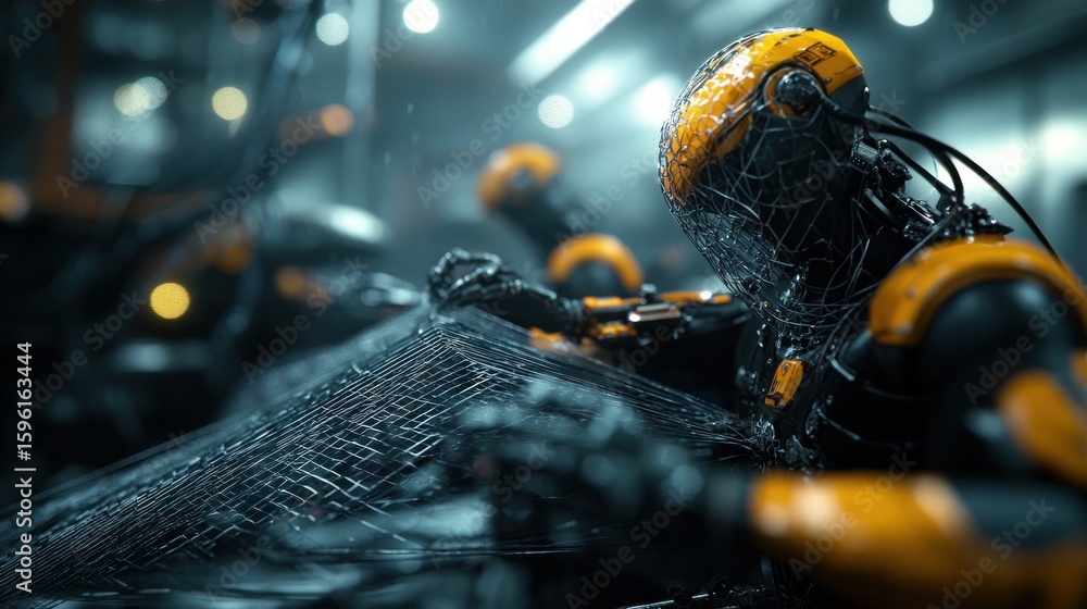 Aufkleber futuristic dystopian scene featuring a robot tending to an intricate web structure