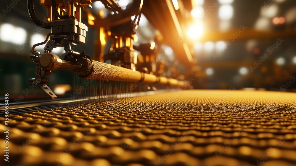 Poster automated industrial loom weaving process with robotic arms and golden threads