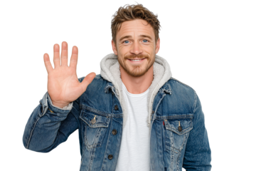 A man in a denim jacket waves goodbye isolated on transparent or white background, png