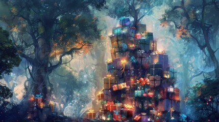 A towering pile of enchanted gift boxes in a fairy tale forest, glowing ribbons twisting around ancient trees, tiny fairies unwrapping presents