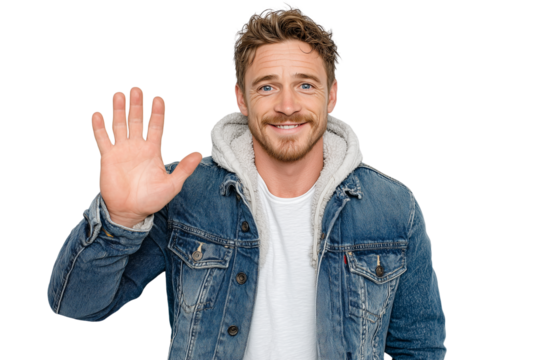 A man in a denim jacket waves goodbye isolated on transparent or white background, png