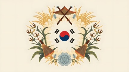 Korean Traditional Motif with National Flag and Elements. Traditional Korean-themed illustration featuring national flag and floral ornaments with cultural decorative elements.