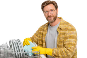 A man wearing glasses and yellow gloves is washing dishes isolated on transparent or white background, png