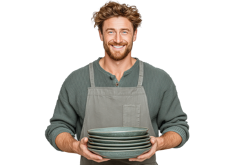 Man holding gray plates isolated on transparent or white background, png