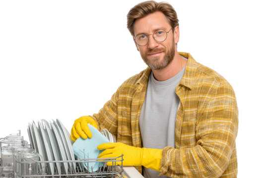 A man wearing glasses and yellow gloves is washing dishes isolated on transparent or white background, png