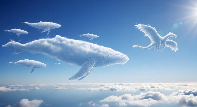 A whimsical scene with cloud formations shaped like whales swimming in a blue sky, accompanied by a dragon-shaped cloud flying nearby.