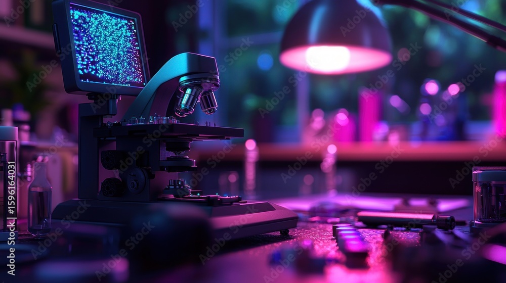 Poster a high-tech microscope with digital screen illuminated in a futuristic laboratory