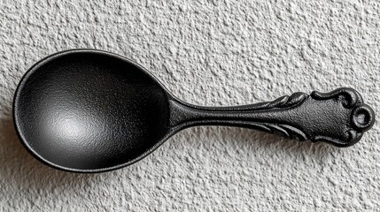Matte black ornate spoon resting on a textured white surface, viewed from above in a horizontal orientation