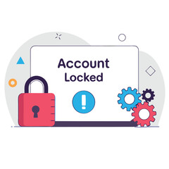 Illustration of an account locked with a red padlock warning symbol and gears symbolizing security and system issues