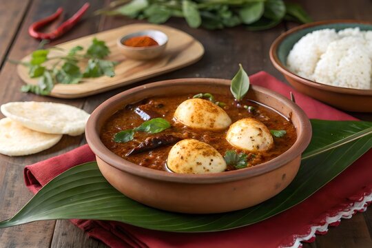 Authentic Chettinad Egg Curry with Spices, Parotta, and Rice on Wooden Table