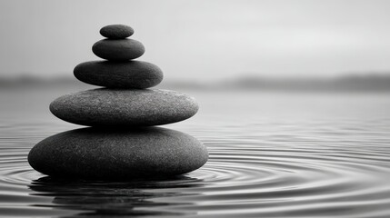 Smooth stones stacked in balance on calm water, creating gentle ripples in a peaceful, minimalist, monochrome setting