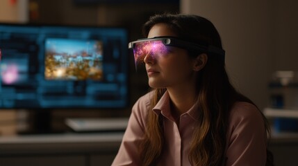 Young woman immersed in augmented reality with advanced smart glasses technology
