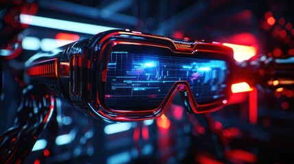 Futuristic Virtual Reality Headset Displaying Complex Data and Technological Innovation