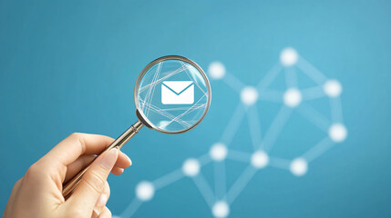 Close-up of a woman&rsquo;s hand holding a magnifying glass over an email symbol on a blue background, representing online communication, email investigation, digital security, or marketing analysis. 
