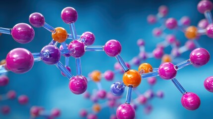 Colorful 3D molecular model with interconnected atoms on a blue background, representing chemistry and molecular structure