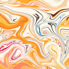Colorful fluid marble pattern with swirls of orange, cream, pink, and blue. Abstract liquid texture ideal for backgrounds, prints, or digital art.