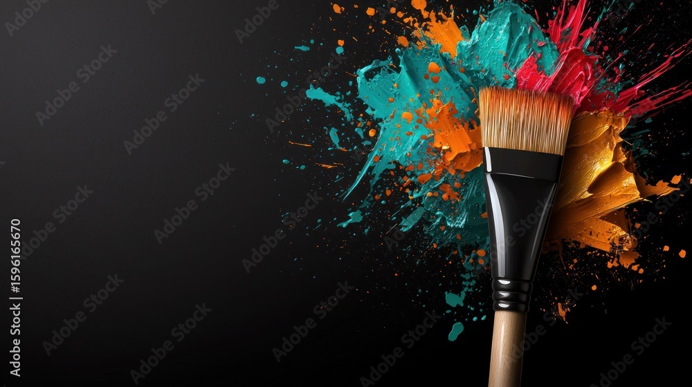 Poster paintbrush explosion with vibrant color splash on dark background creating abstract