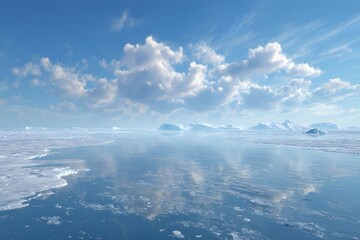 Arctic seascape with ice, mountains and dramatic clouds reflecting on water