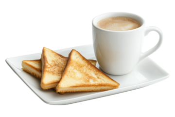 A simple breakfast with golden toasts artistically arranged next to a warm cup of coffee.