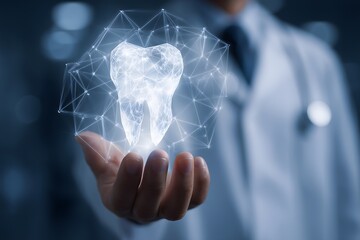 Doctor holding futuristic glowing tooth model in augmented reality