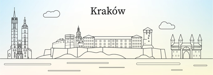 Krakow city skyline with main landmarks - line art vector illustration