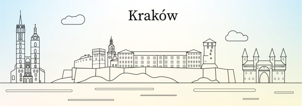 Krakow city skyline with main landmarks - line art vector illustration