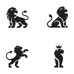 A set of four black lion icons in various poses, including standing, sitting, and wearing a crown design