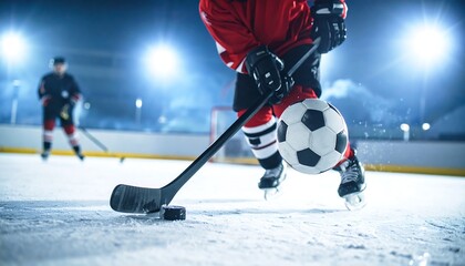 Hockey player with soccer ball.