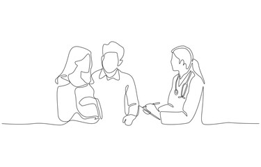 Continuous one line drawing of husband and pregnant wife consulting with doctor, pregnancy counseling concept, single line art