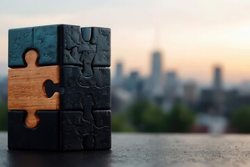 Elegant Fusion of Wood and Black Gloss in Puzzle Form
