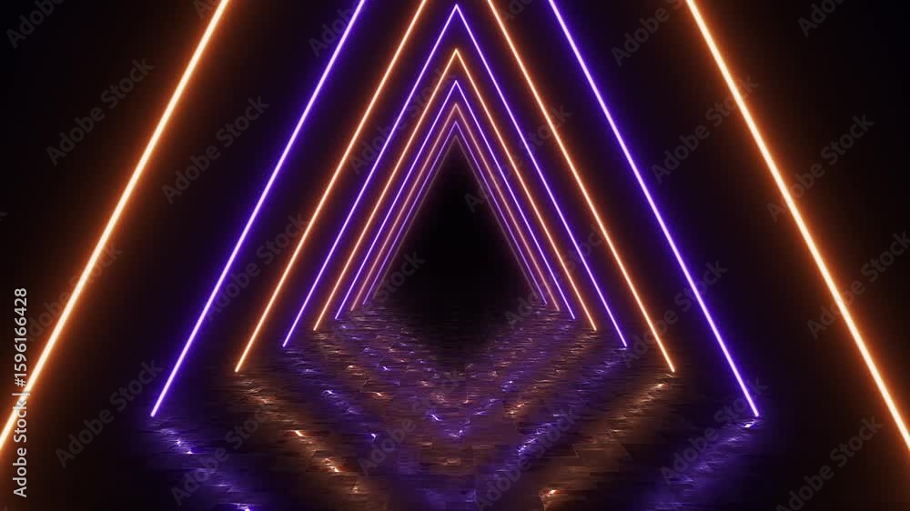 Poster purple and golden neon lines intersect each other forming triangle with reflecting floor looping ani