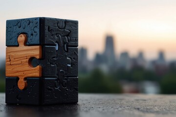 Elegant Fusion of Wood and Black Gloss in Puzzle Form