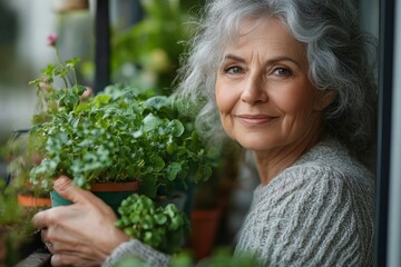 Portrait of a beautiful mature woman taking care of plants on her balcony, spending a relaxing weekend at home nurturing her garden, Generative AI