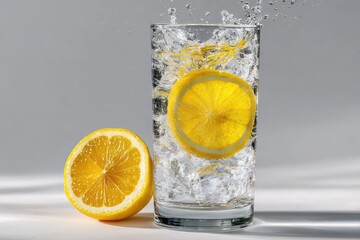 Refreshing tall glass of sparkling water with ice and a bright lemon slice and half lemon on the side