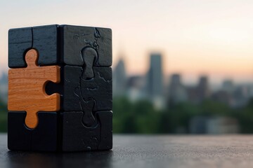 Elegant Fusion of Wood and Black Gloss in Puzzle Form