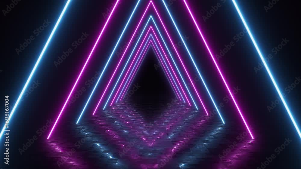 Poster blue and pink neon lines intersect each other forming triangle with reflecting floor looping aniamti